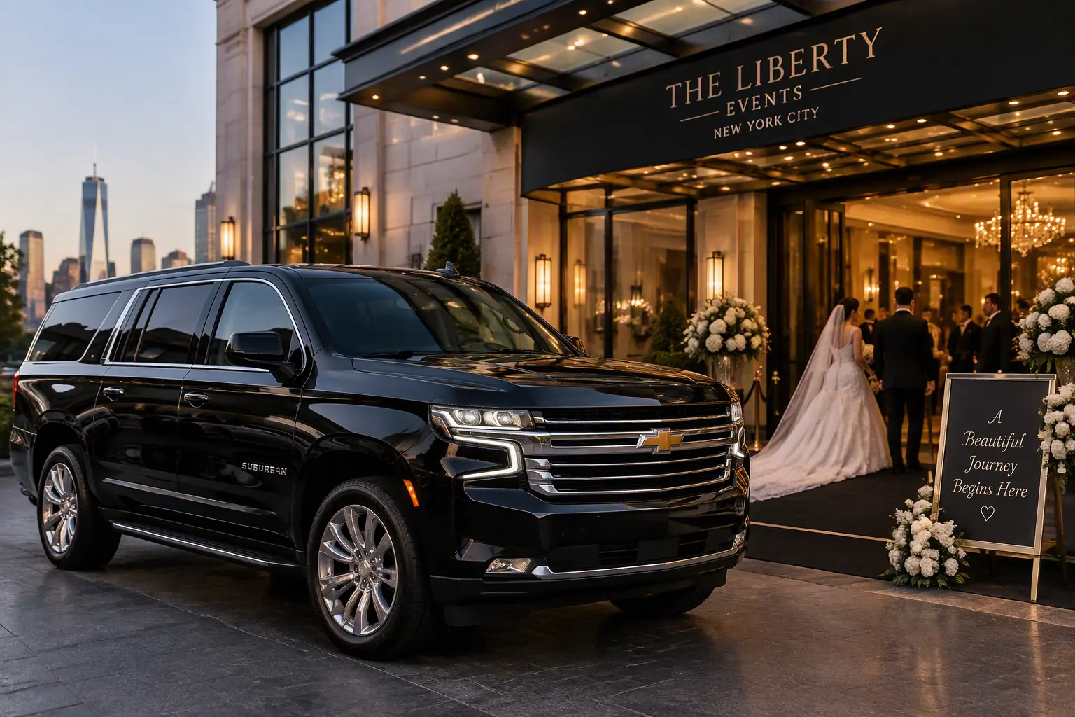 Bride and groom beside a black limousine at night