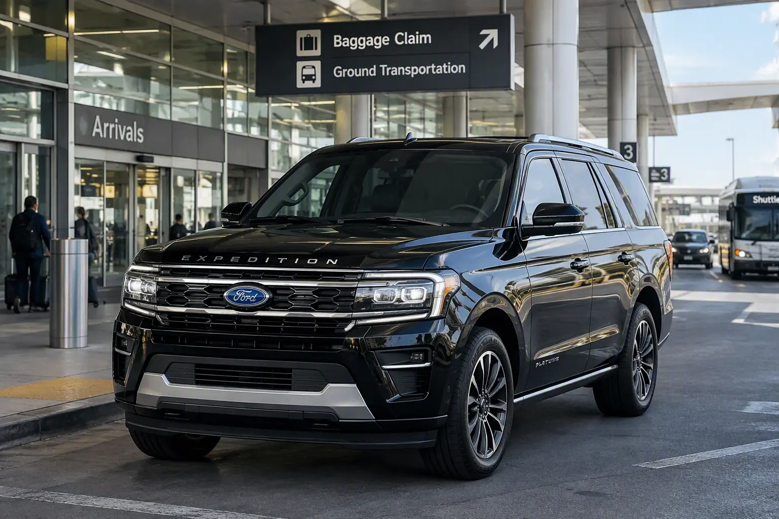 Private black car at an airport terminal