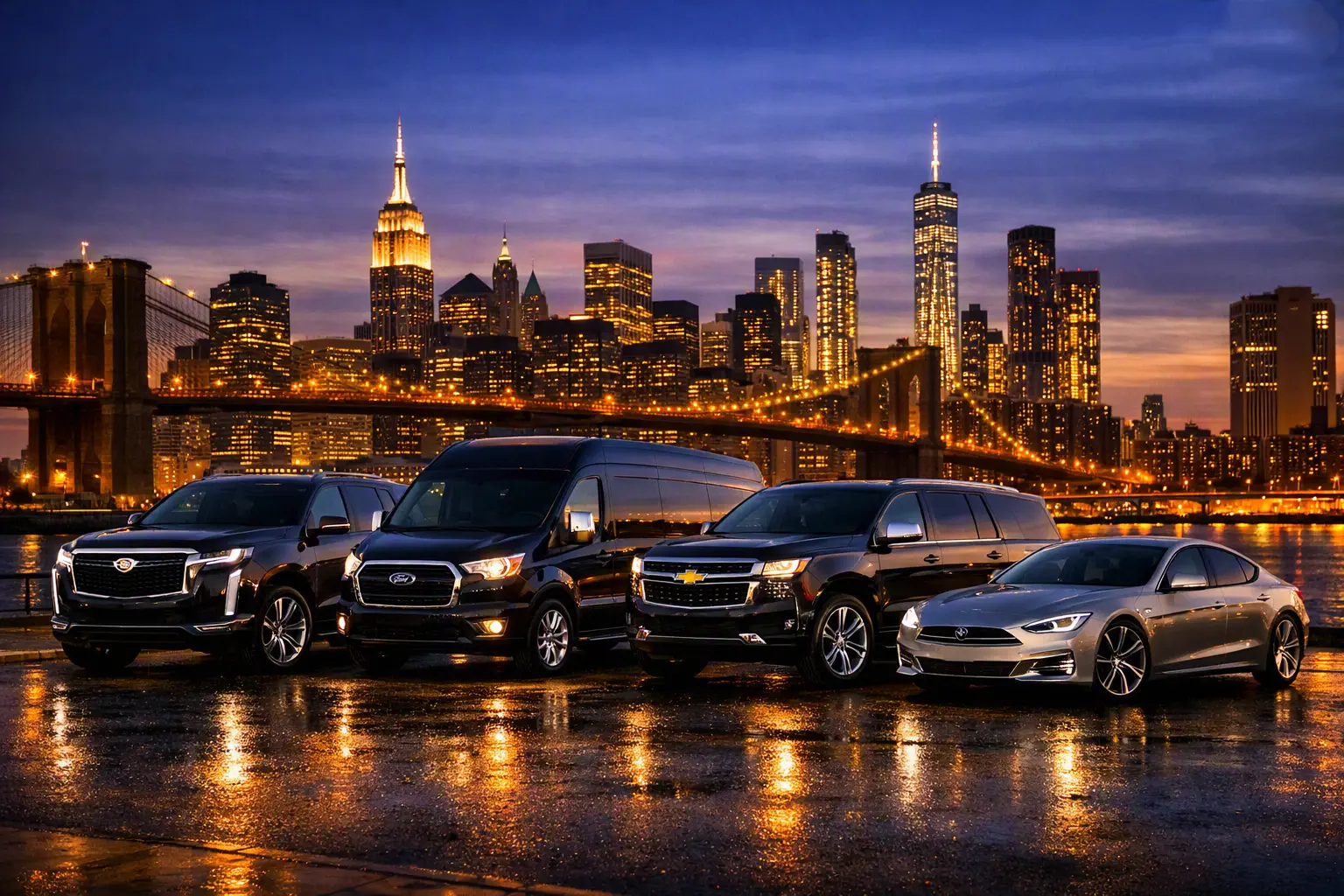 Black sedan and SUVs ready for point-to-point travel