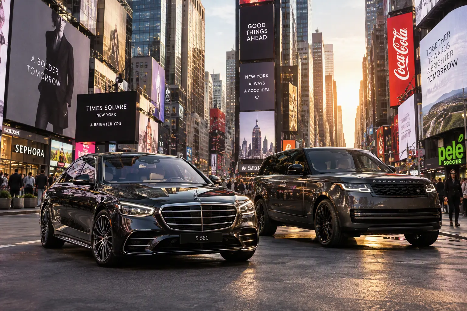 Black sedan staged outside a Manhattan hotel