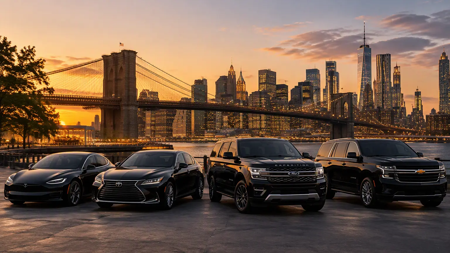 Black luxury sedan at sunset