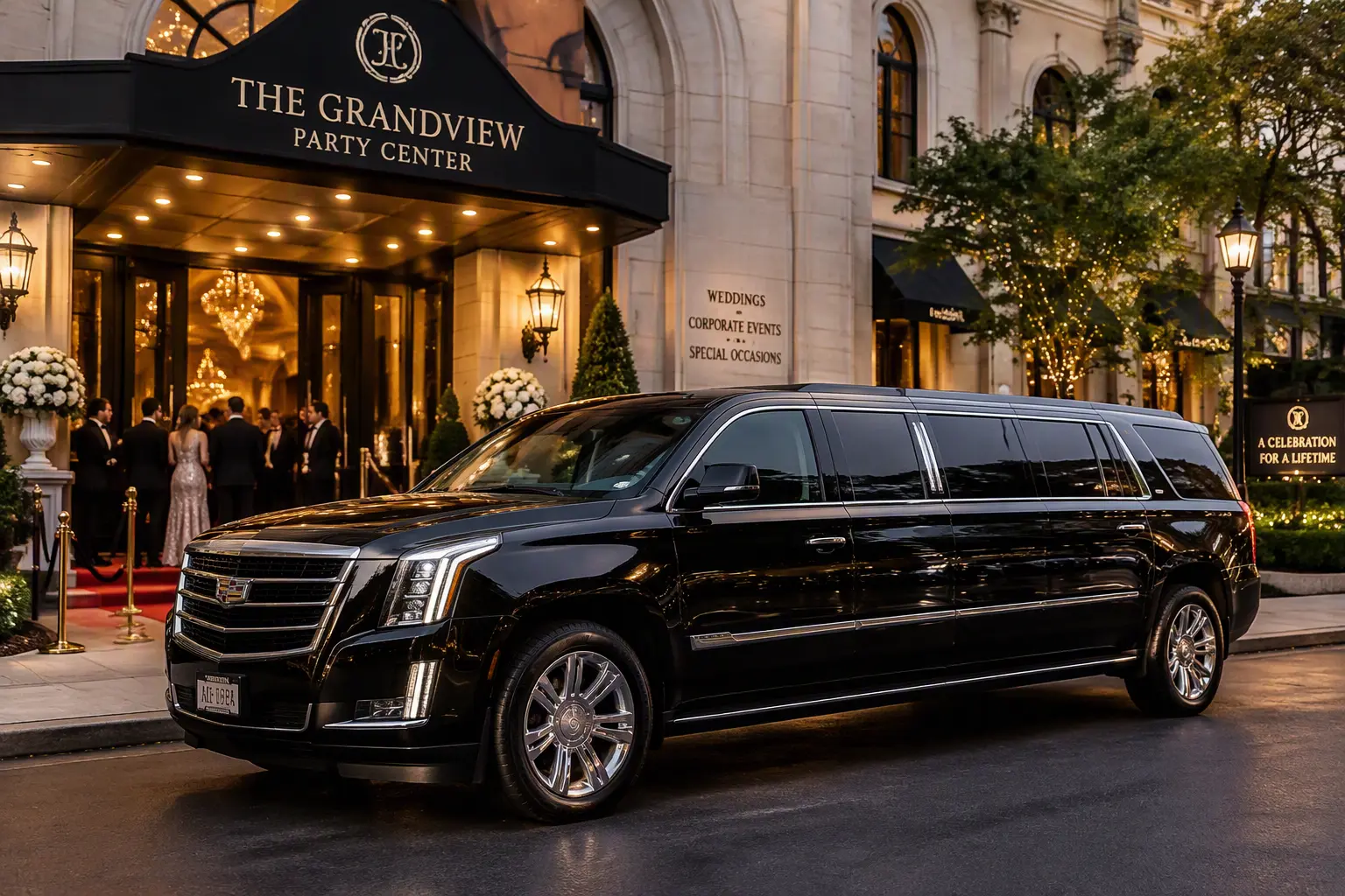 Black stretch limousine at a wedding